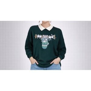 Vintage Morning Sun Sweatshirt Womens XLarge Green Mock Neck Plaid Cats Birds 90